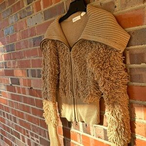 Anthropologie Shag Sweater bomber Jacket -Small Tan